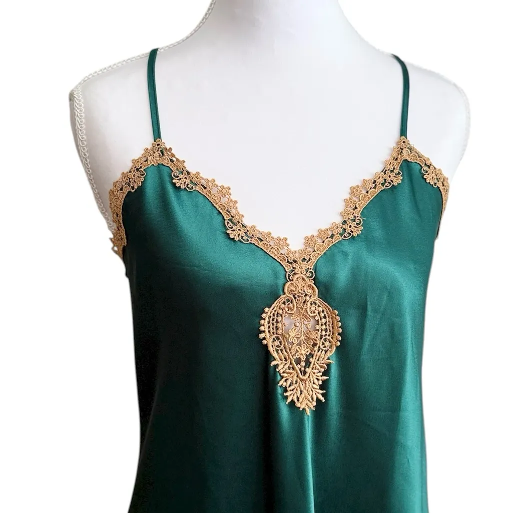 California Dynasty Vintage Slip Dress Nightgown Emerald Gold Lace USA M Medium - Image 2