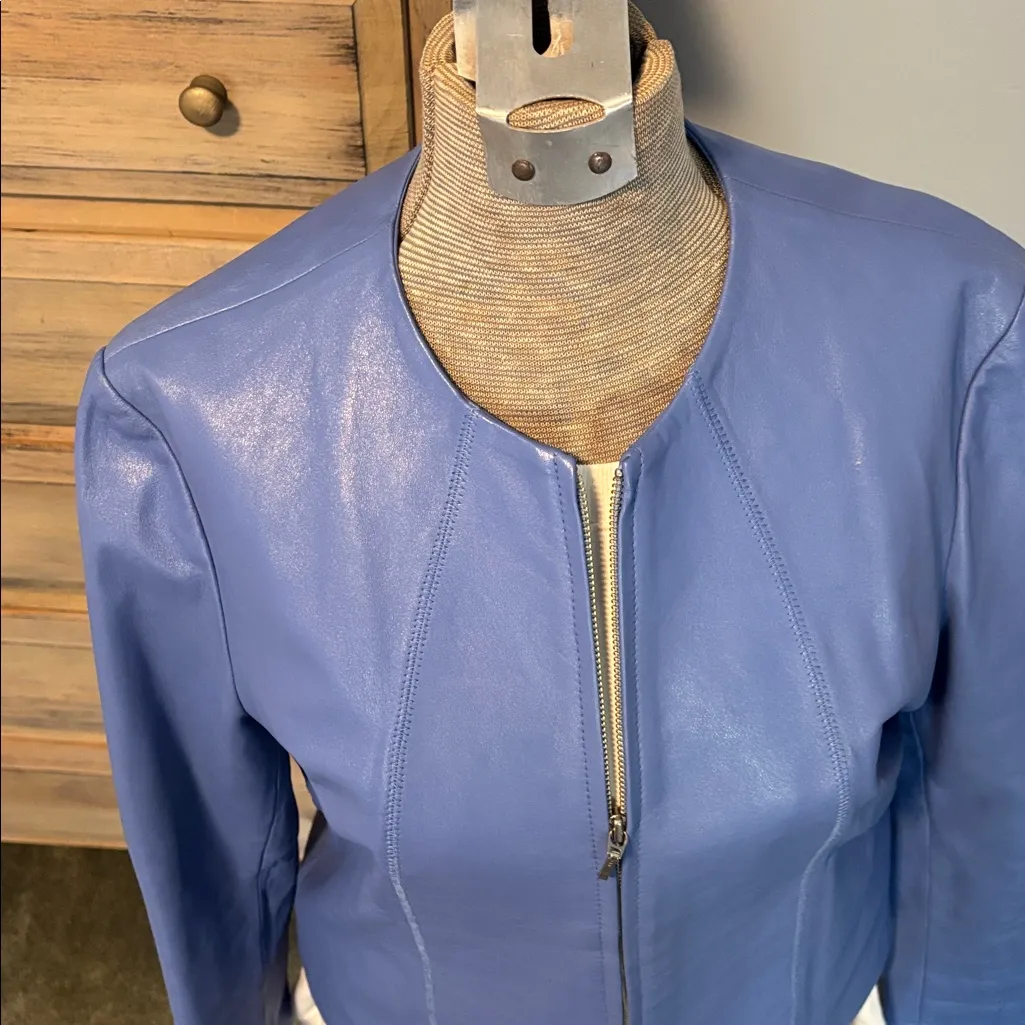 Catherine Stewart Sky Blue Full Zip Classic Style Leather Jacket Size L - Image 3