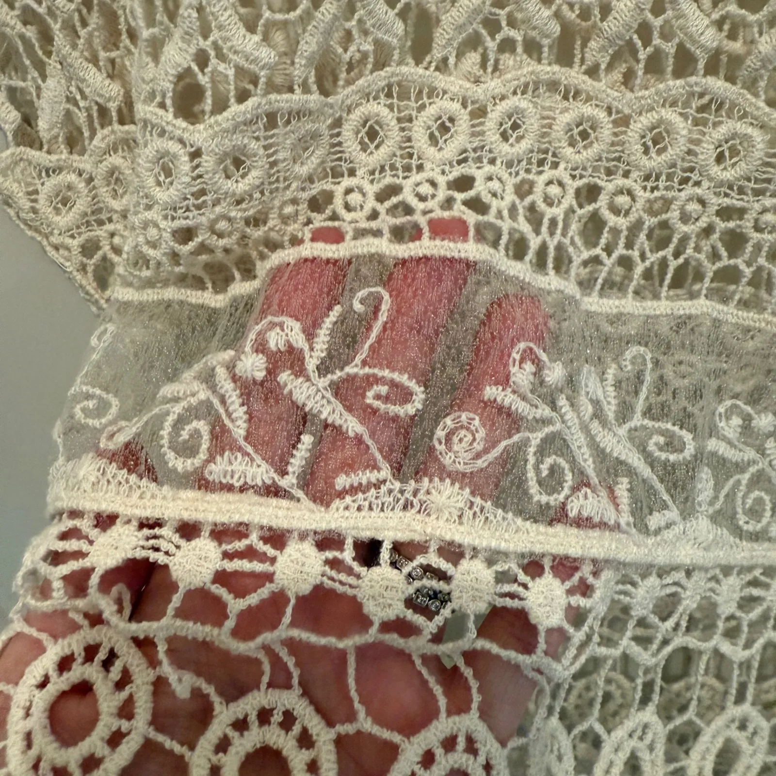 Lace Fringe Crochet Top Cover Up Bohemian Festival Beach Beige Women's M Tan Size M - Image 3