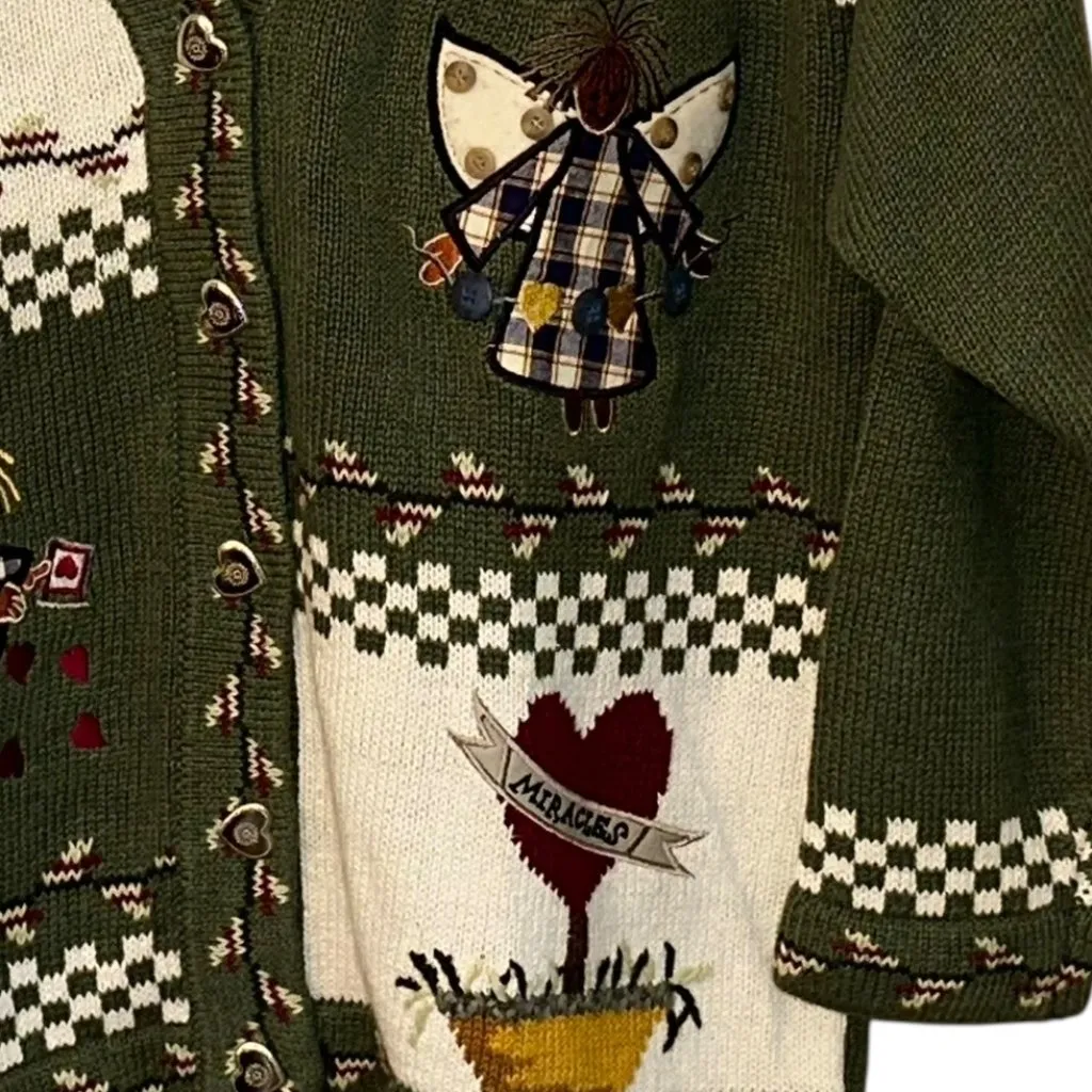 Vintage The Quaker Factory Cardigan Sweater Angles Hearts Knit Grandma Small‎ Green - Image 4
