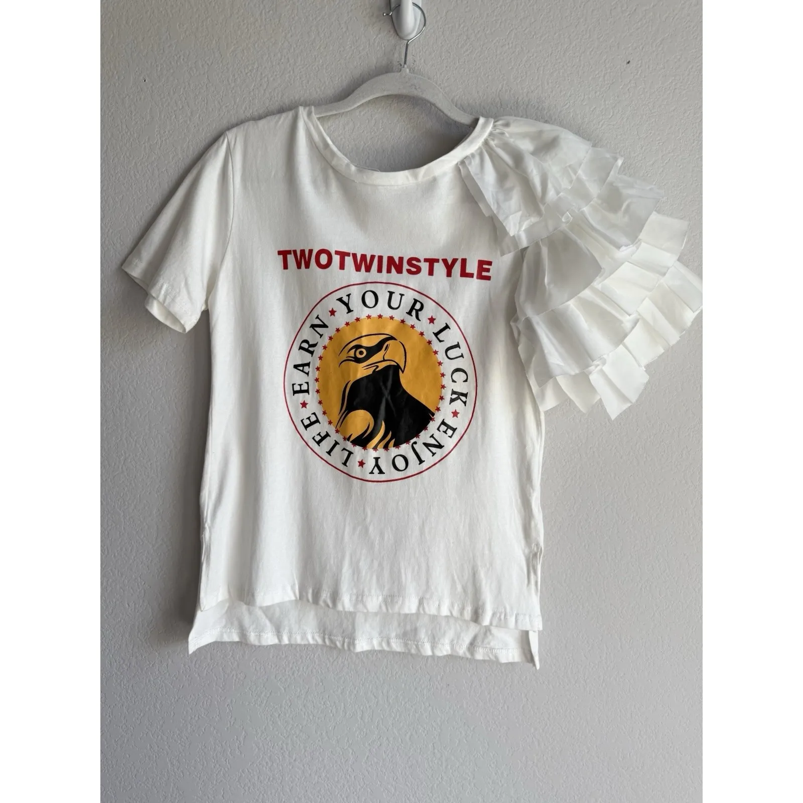 Twotwinstyle‎ Shirt Womens Small White Ivory Ruffle Sleeve Top Statement Fashion - Image 6