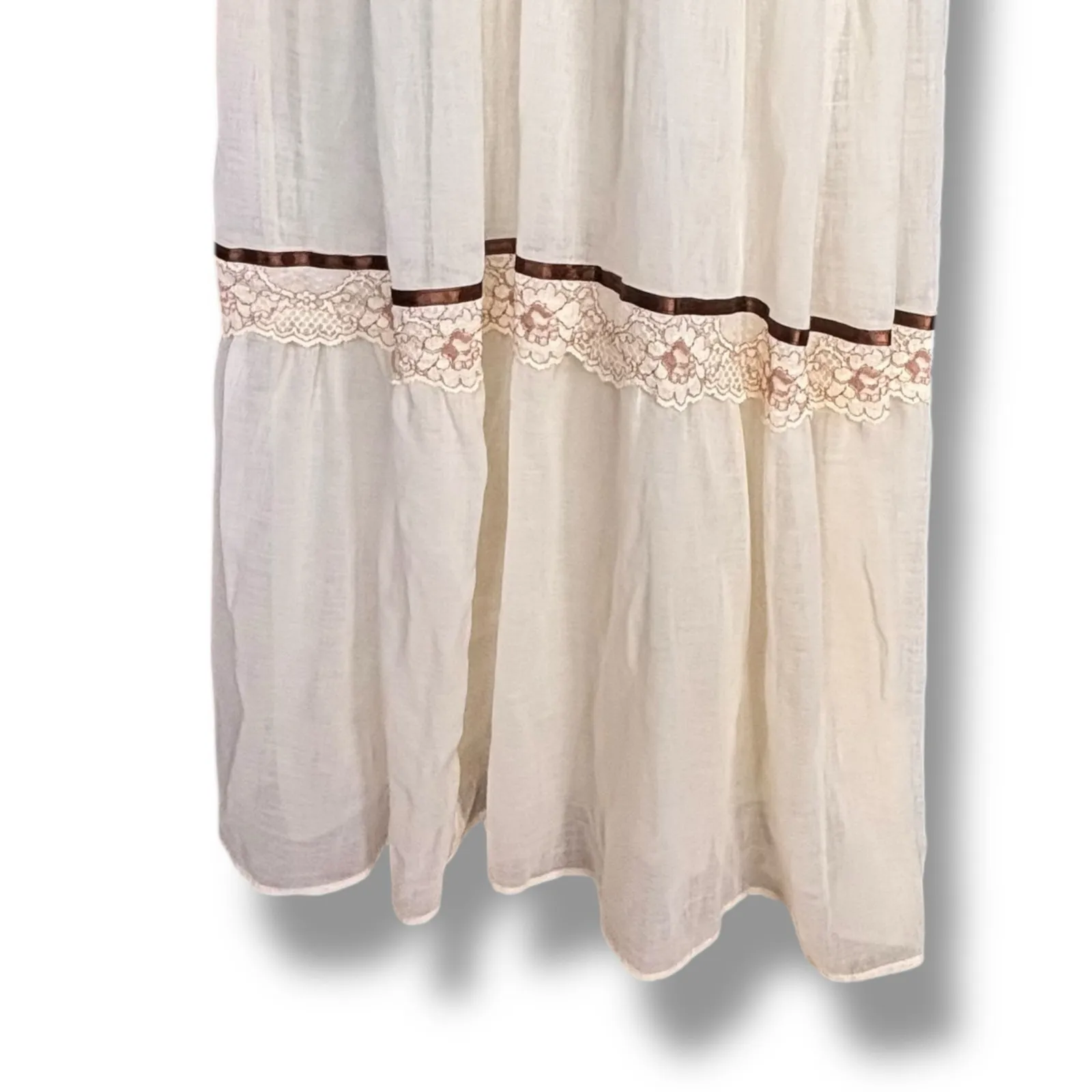 Vintage 70s Prairie Maxi Dress Brown Dark FloryLace Ribbon Trim Off Shoulder Size M - Image 8