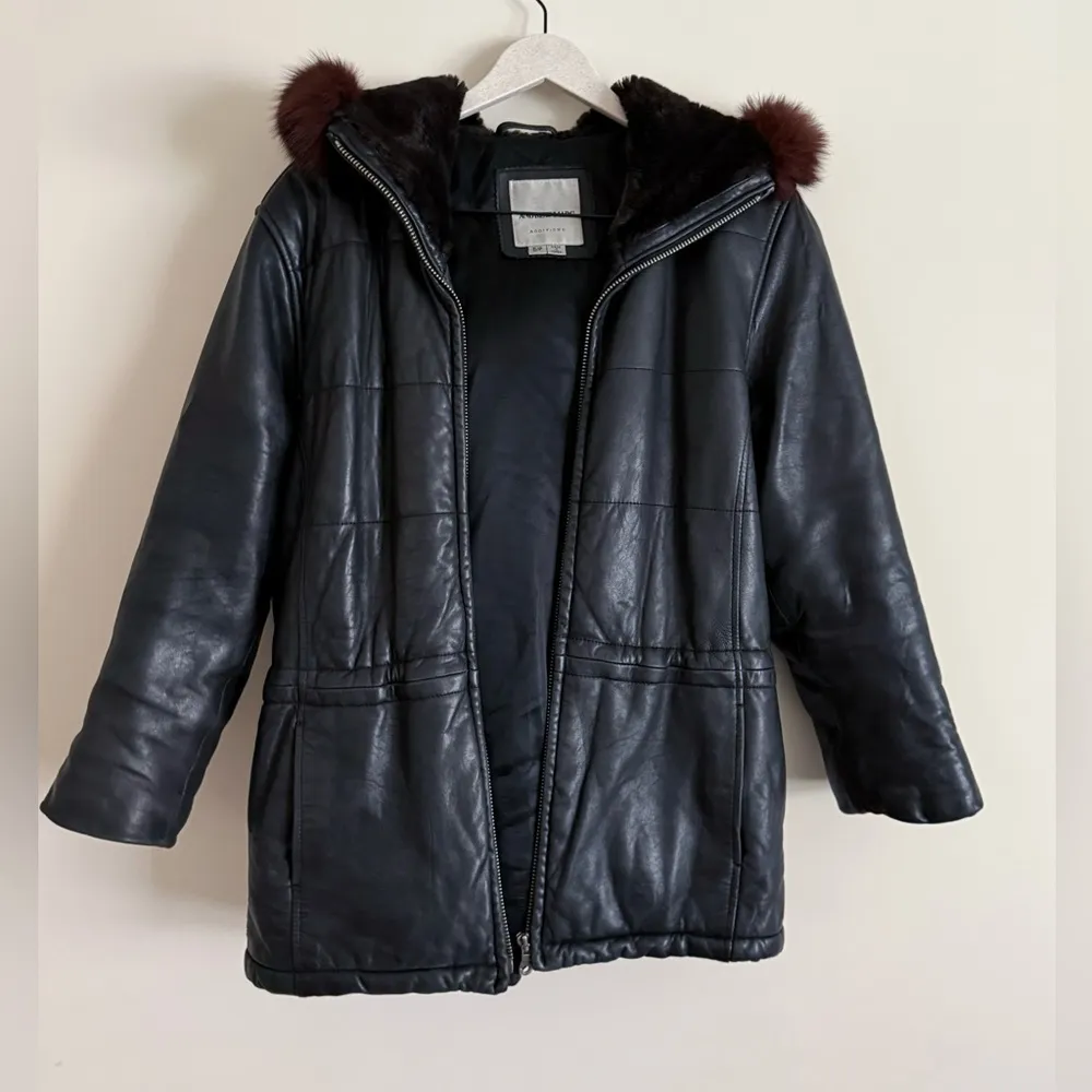 Leather Coat by Andrew Marc Fox and Faux Fur Trim Womens Size S Jacket with Hood - Image 6