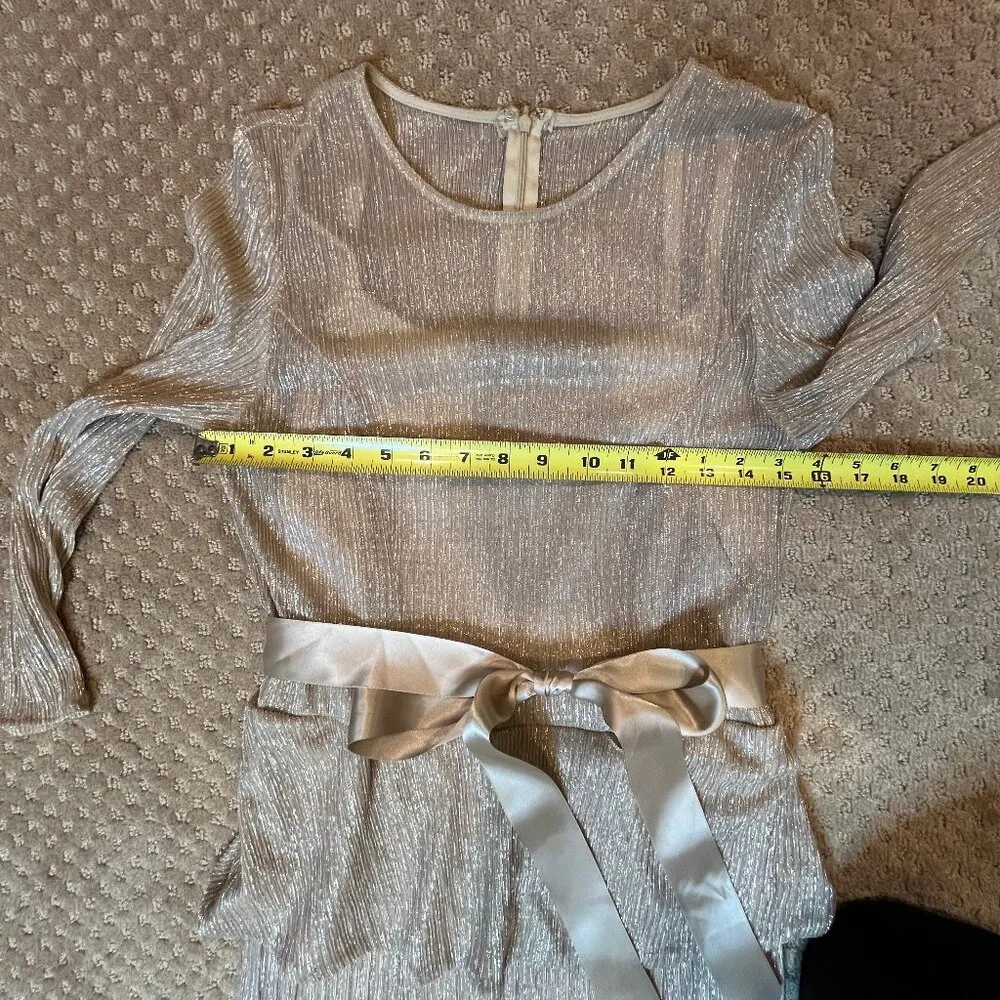 Gold Metallic Peplum Gown Dress Formal Gala SZ 12 MOTB Maxi Belted Elegant LS - Image 7