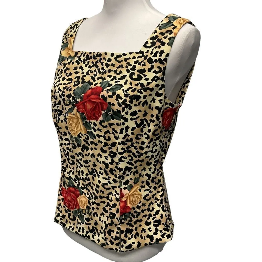John Roberts Women's Cheetah Floral Print Tank Top Size 8 Light‎ Brown Black - Image 2