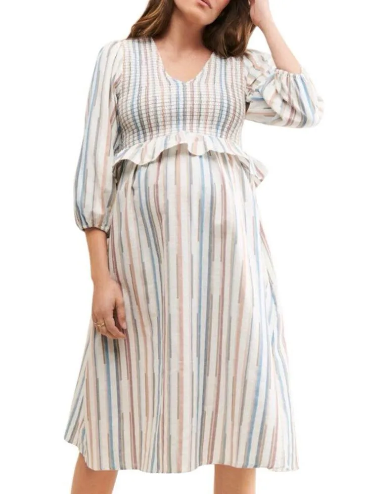 Frances Hart Maternity Maritza Dress Smocked Multicolor Striped Cotton Sz Large White - Image 2