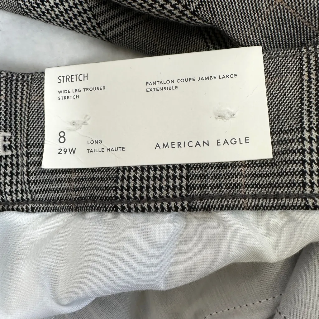 American Eagle Wide Leg Trousers Womens 8 Long Gray Plaid Pants Stretch New - Image 5