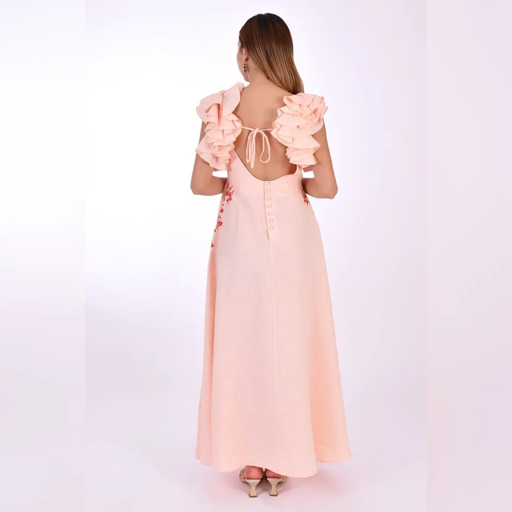 NWT Fanm Mon Essen Marassa Maxi Dress size XL in Peach Ruffle embroidered Pink - Image 3