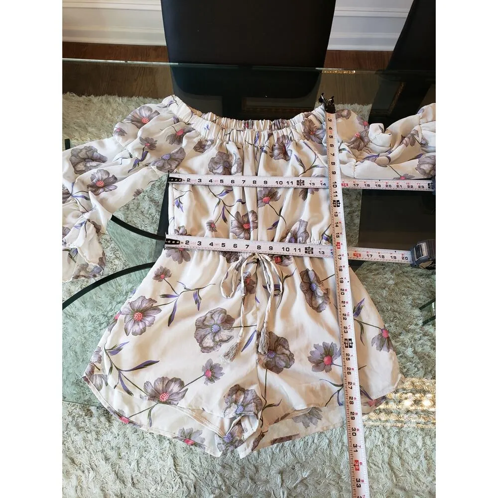 Blush Romper Women Large Gray Floral Print Off Shoulder Cinch Waist Flare Sleeve - Image 7