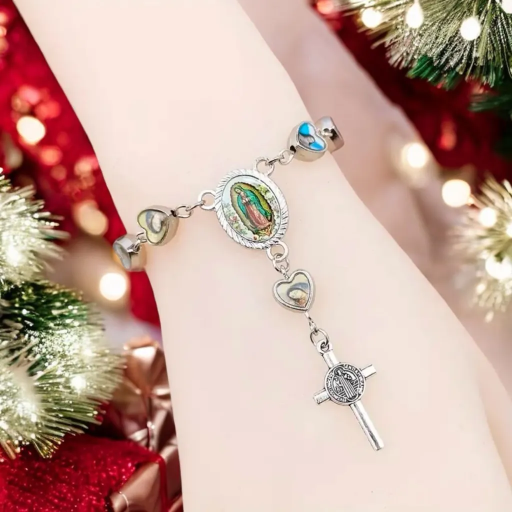 Lovely Heart Shaped Cross Pendant Rosary Bracelet, Virgin Charm Silver‎ Plated Silver - Image 2