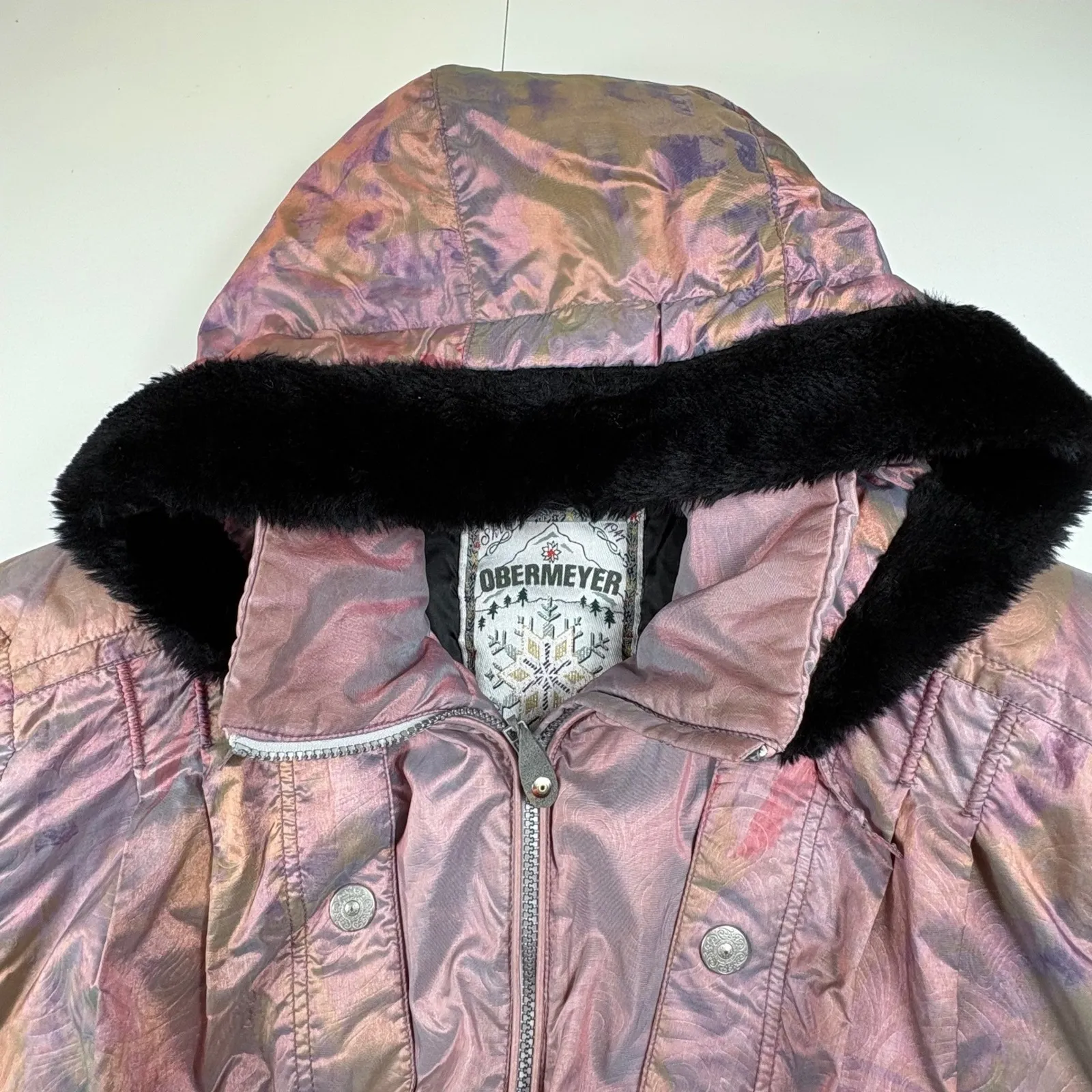 Obermeyer Women Vtg Ski Jacket Hooded Pink Purple Metallic Paisley Full Zip Sz L - Image 16