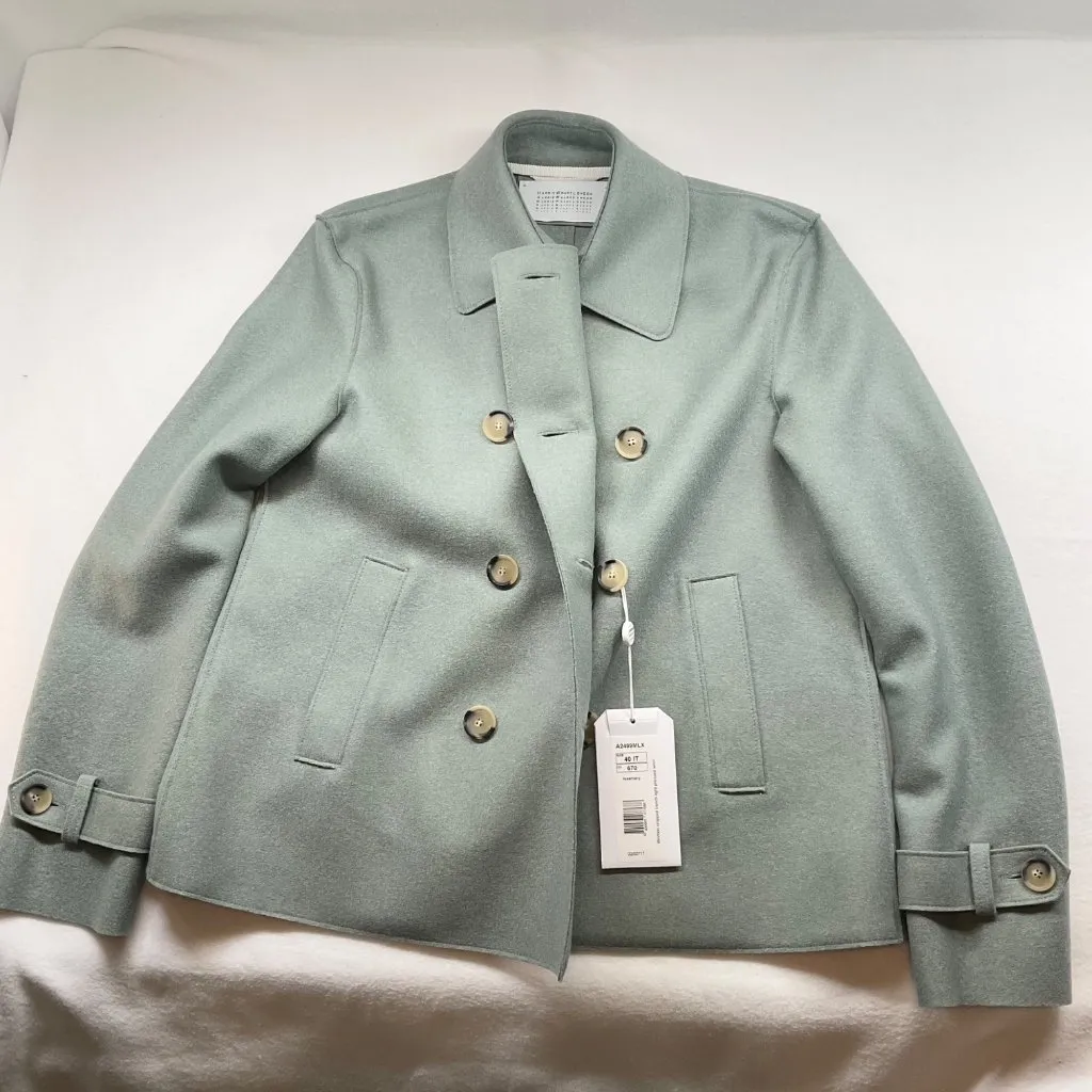 Rare NWT Harris Wharf London cropped wool trench Coat mint Green IT40 bust37 US4 Size 4 - Image 2
