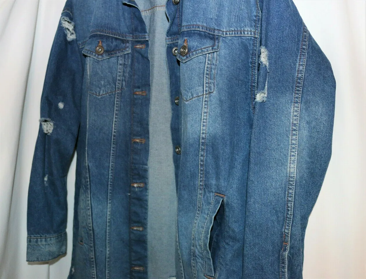 Only Blue Denim 100% Cotton Longline Jacket Womens Size EUR36 Medium Mid Distressed - Image 6