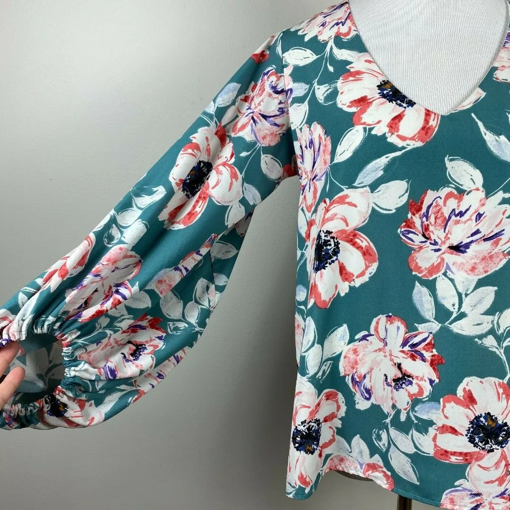 Vici Blouse Top S‎ Green Floral Balloon Sleeve V-Neck High Low Feminine - Image 3