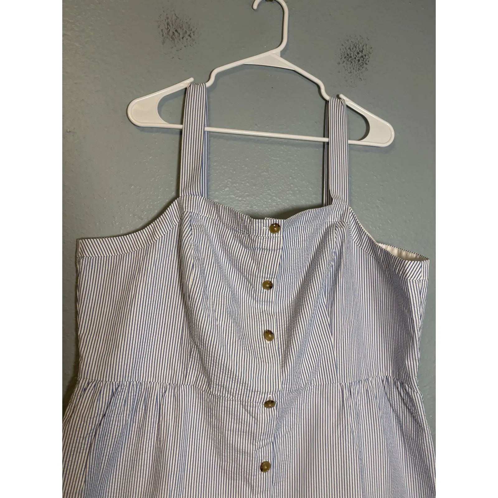 NWT J. Crew Women's Button Front Seersucker Blue White Stripe Tank Midi Dress 20 - Image 4