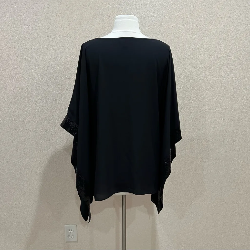 AB Studio Black Chiffon Pullover Poncho Blouse with Black Sequins Trim Medium - Image 7