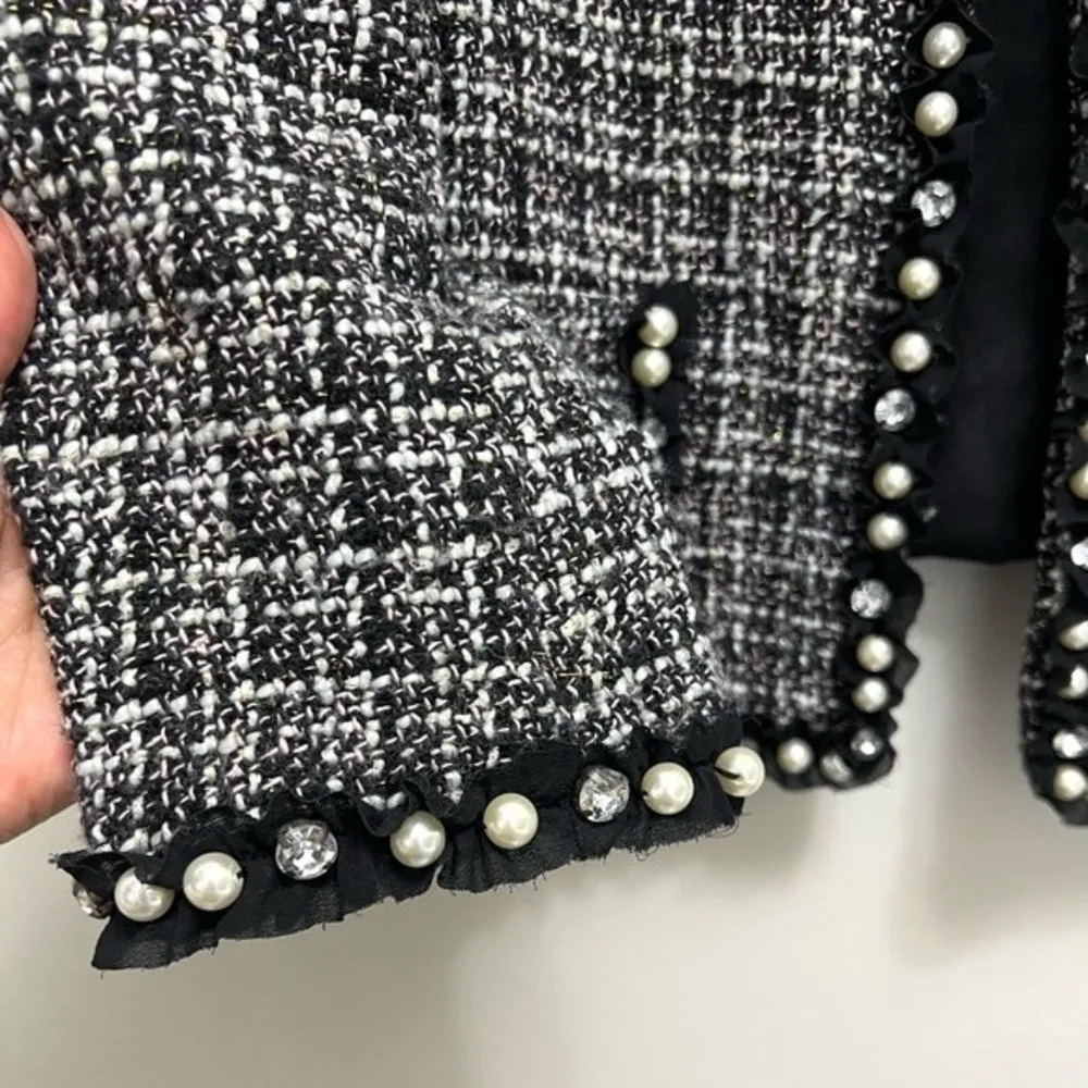 Maje Tweed Blazer Cropped Embellished Faux Pearls and Rhinestones XS - Image 8