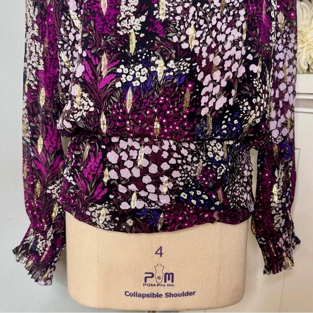 White House Black Market Long Sleeve Floral Metallic Blouson Blouse Purple 10 - Image 5