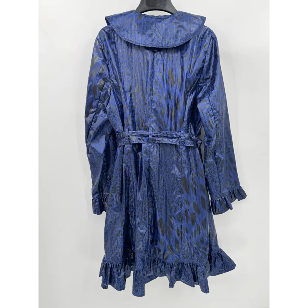 Indigo Blue & Black Leopard Animal Print Trench Coat Raincoat Ruffles Belted - Image 3