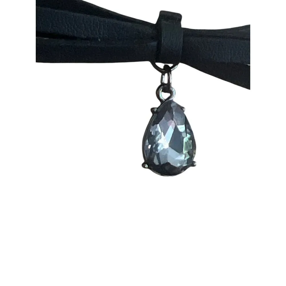 Black Faux Leather Choker Necklace Bow Teardrop Crystal Pendant Gunmetal Adj Silver - Image 2