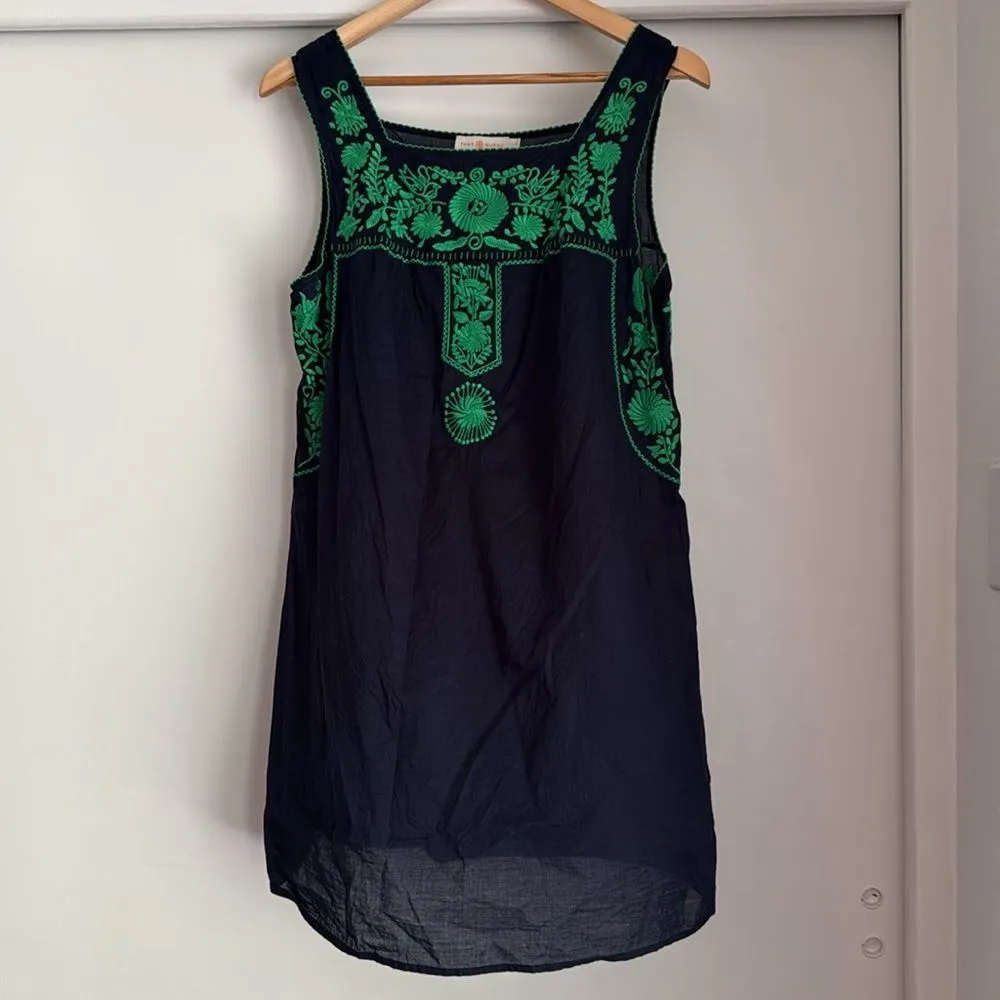 Tory Burch Amira Blue Green Embroidered Size Large Cotton Tunic Top Swim Cover - Image 2