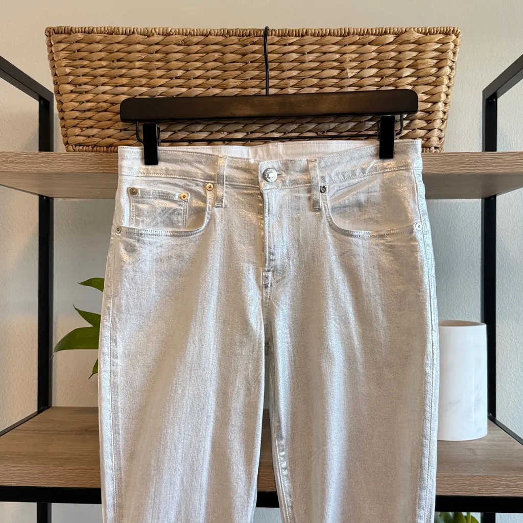 Helmut Lang Mid-Rise Metallic Glossy Coated Silver Emulsion Foil Jeans, 27 - Image 2