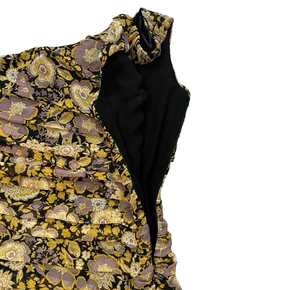 Zara Floral Yellow Purple Glitter Drape One Shoulder Bodycon Dress, Sz S - Image 9