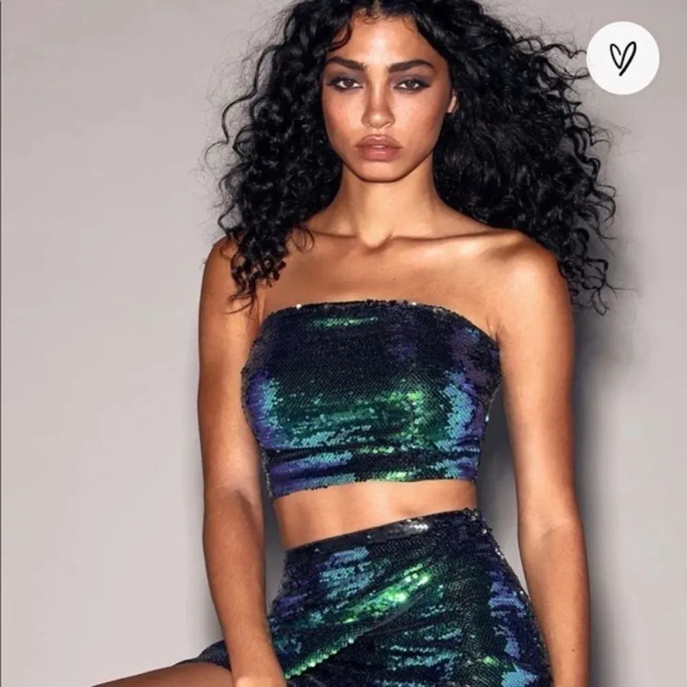 Lulus Dancefloor Favorite Green Multi Sequin Strapless Crop Top Size Small NWT - Image 2