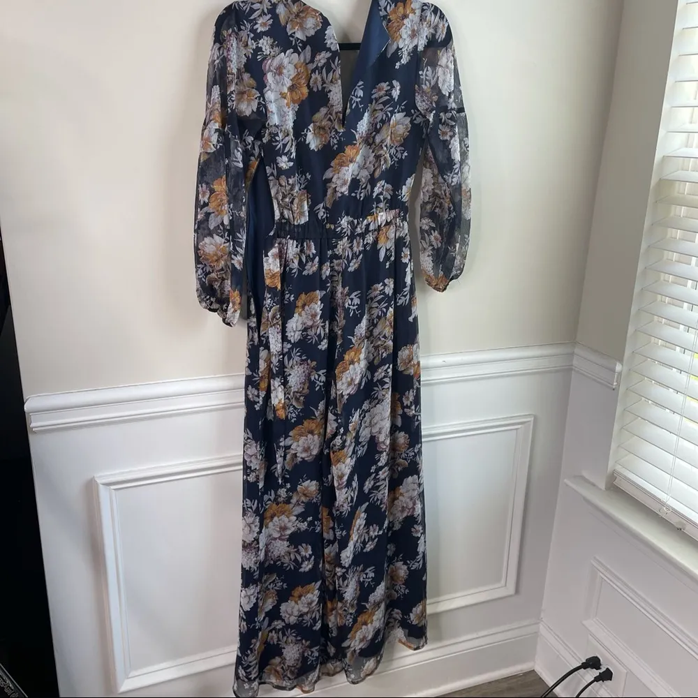 Anthropologie blue floral ali Ro Chiffon long‎ sleeve jumpsuit size XS Petite - Image 8