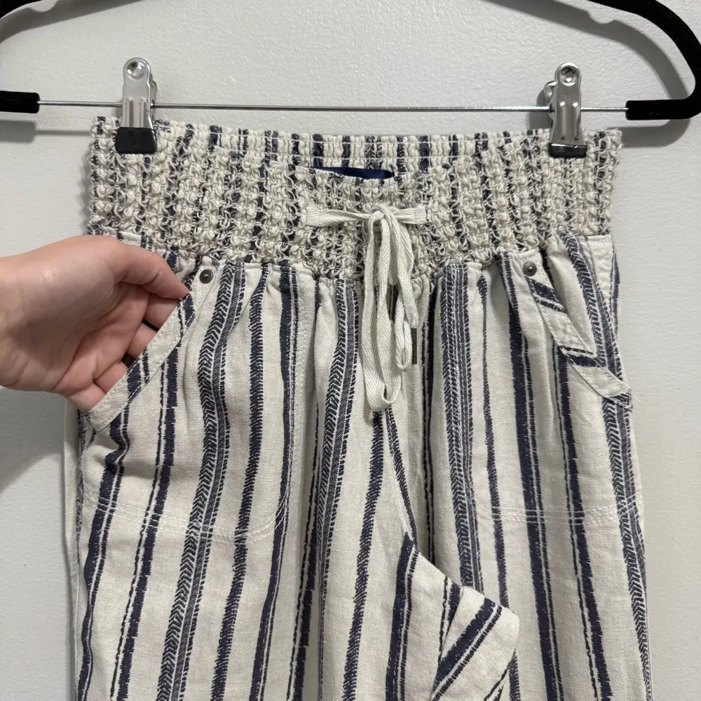 Blue Rain White and Blue Stripe Smocked Waist Linen Pull On Wide Leg Pants Sz S - Image 2