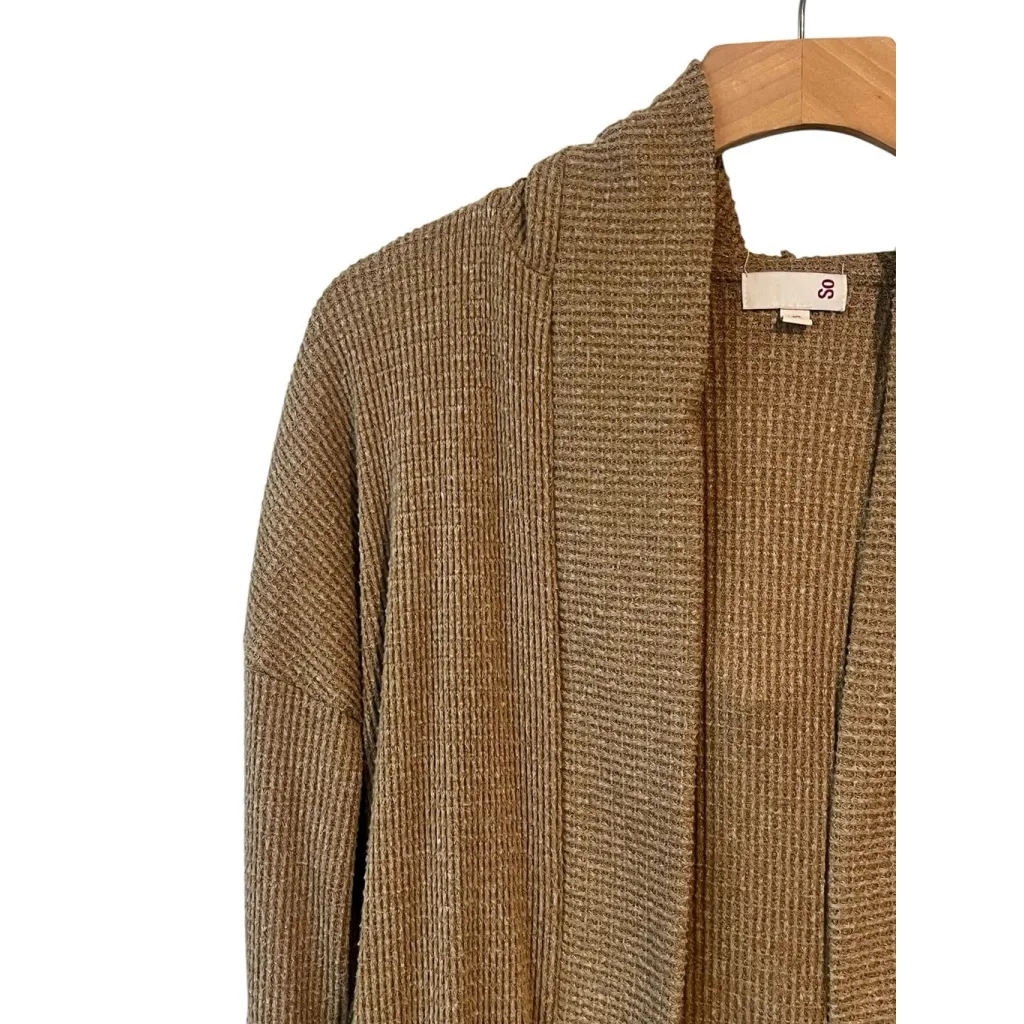 SO Open Front Cardigan Womens Size XS Brown Waffle Knit Long Sleeve Hooded - Image 2