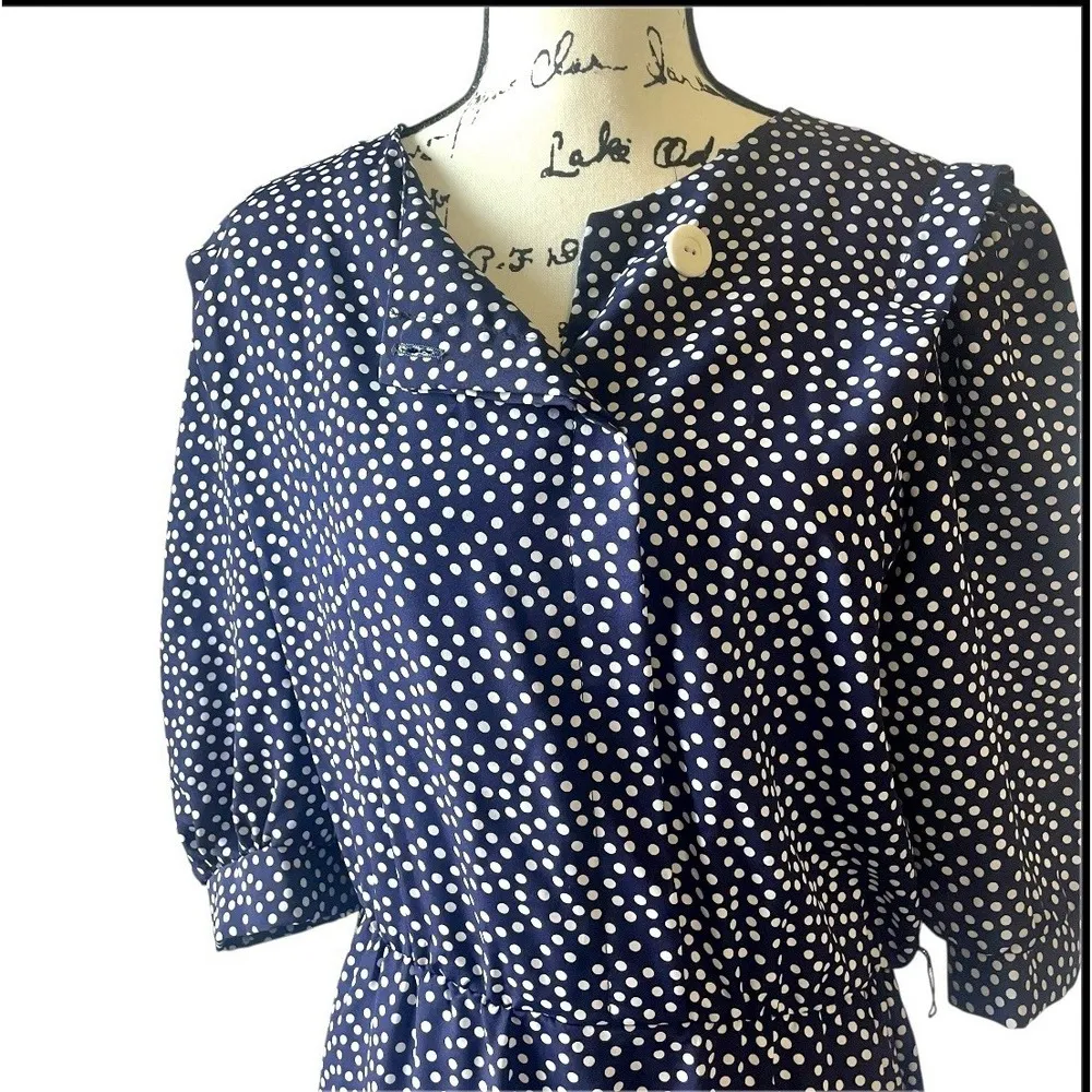 Vintage Breli Originals Navy Blue Polka Dot Dress ILGWU Union Made Dress Size 12 - Image 2