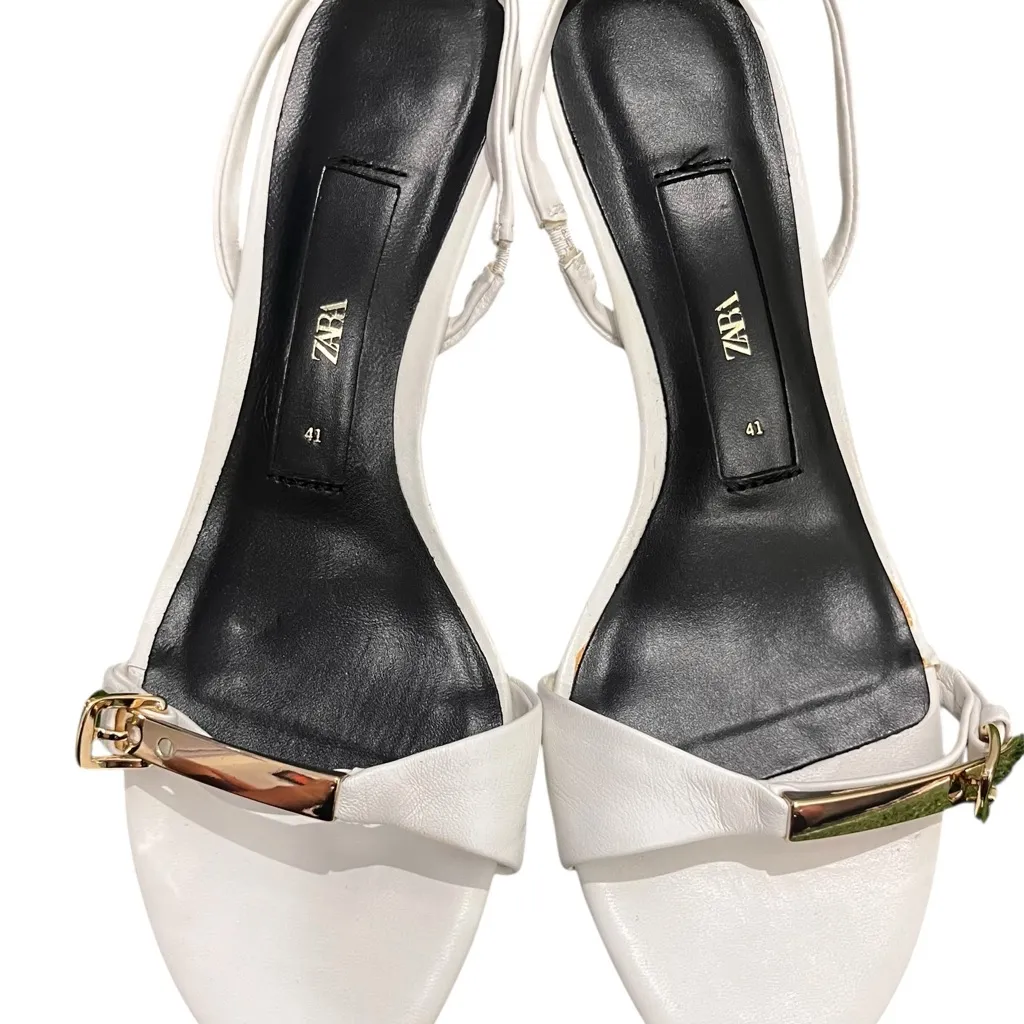 Zara Gold Buckle White Kitten Heels - Image 3