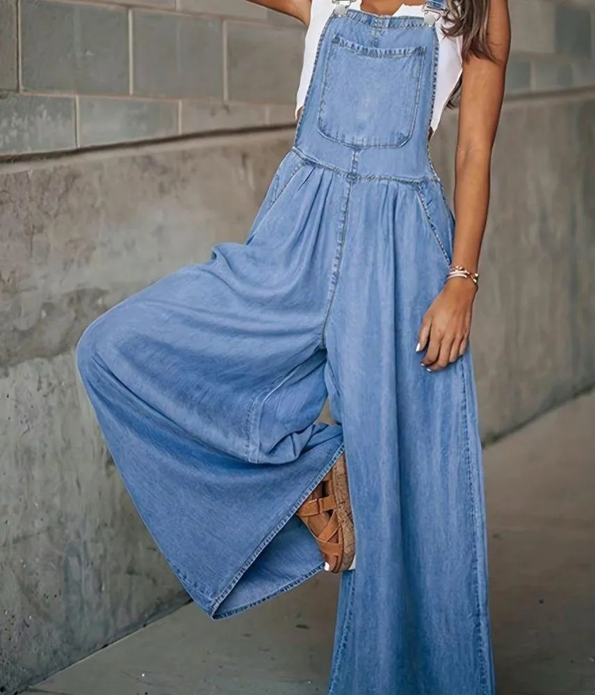 New Women's Blue Denim effect Overalls nwt • lightweight romper • jeans • TikTok Size XL - Image 6