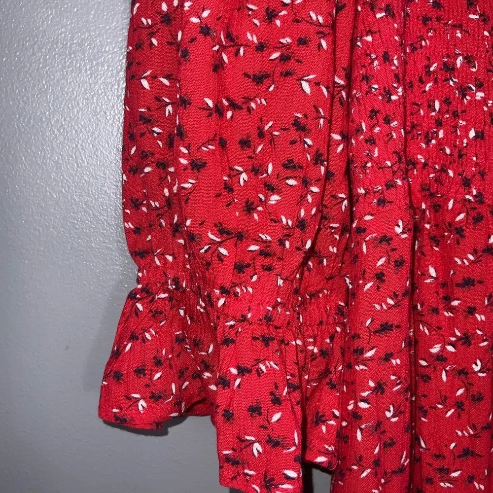 Red Floral Shirred Sweetheart Square Neck Puff Sleeves Short Dress S - Image 9
