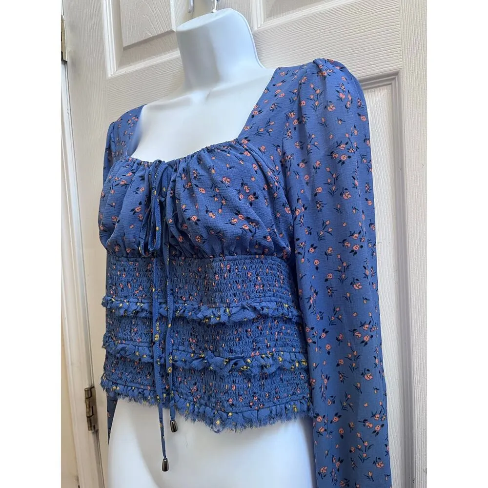 Free People Lolita Blue Smocked Milkmaid Boho Floral Print Crop Top Size Medium - Image 6