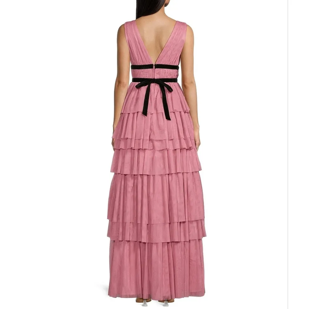 NWT Deep Moon V-Neck Tiered Tulle Ballgown Size 13 Rose and Black - Image 8