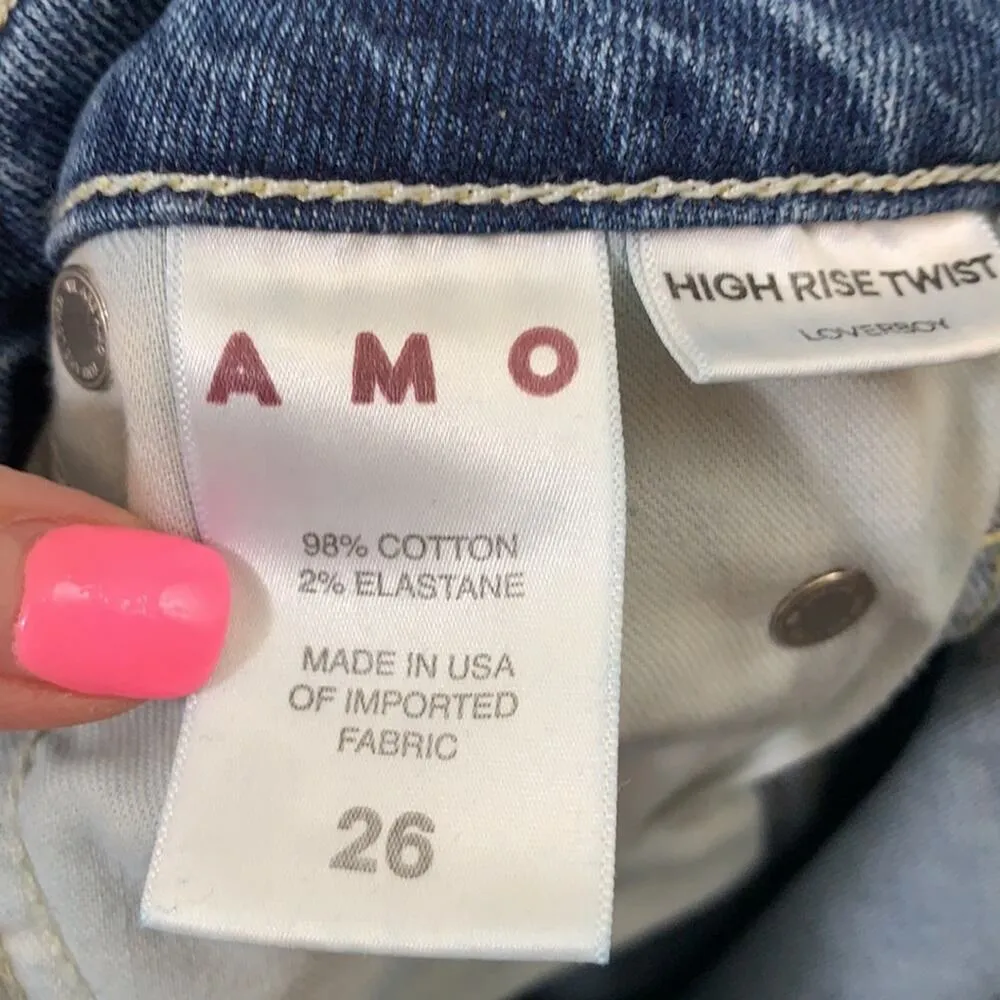 AMO Loverboy High Rise Twist Seamed Raw Hem Ankle Distressed Jeans Blue Size 26 - Image 3
