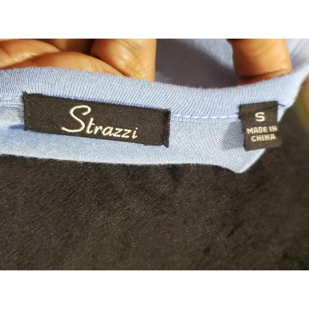 Strazzi Beaded Blue Solid Rayon Round Neck Short Sleeve Top Blouse Size Small - Image 8