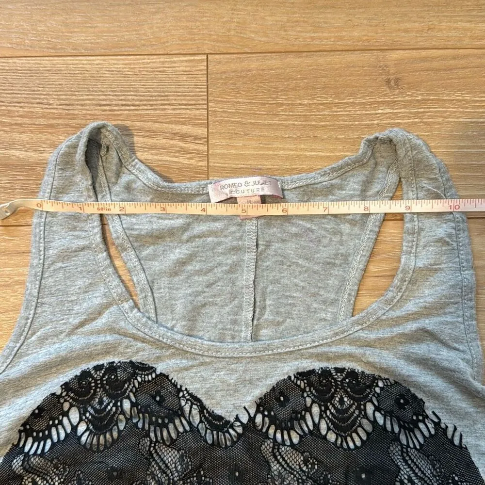 Romeo and Juliet Gray Tank Top Size Medium with Black Lace Heart Detailing on th - Image 4