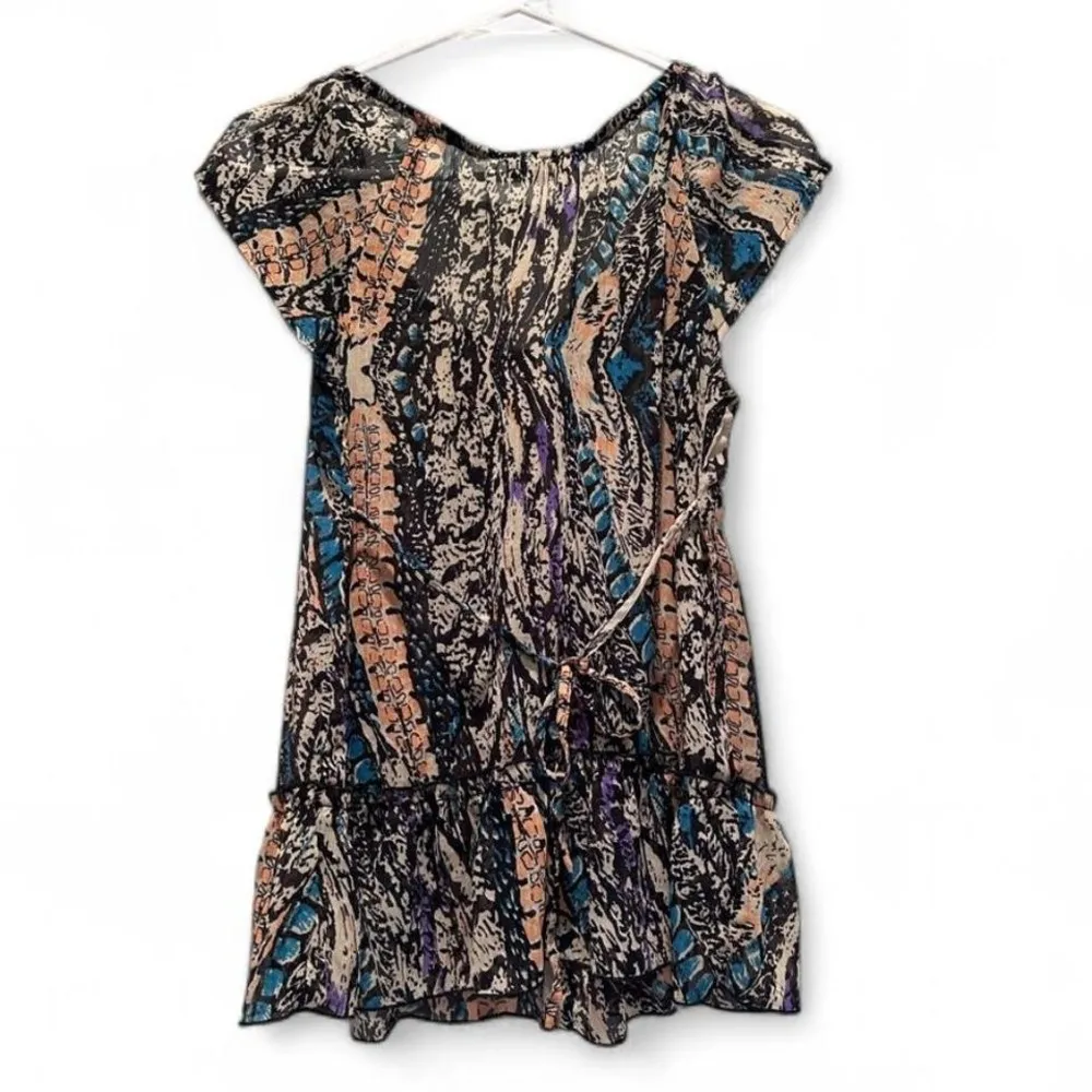 Fire LA Brown Black Blue‎ Animal Print Ruffle Tie Blouse Sz Medium Y2K - Image 2