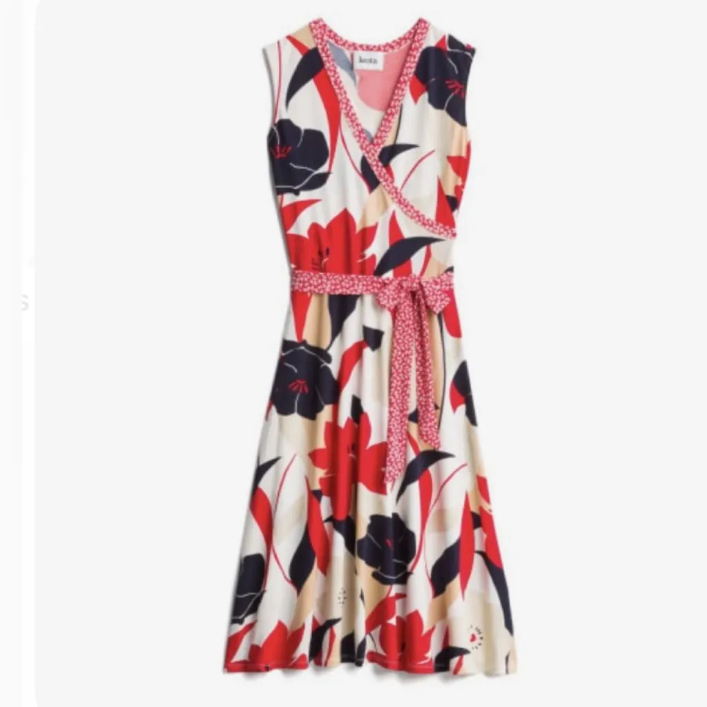 Leota mixed print red navy tan and white faux wrap midi dress size large - Image 2