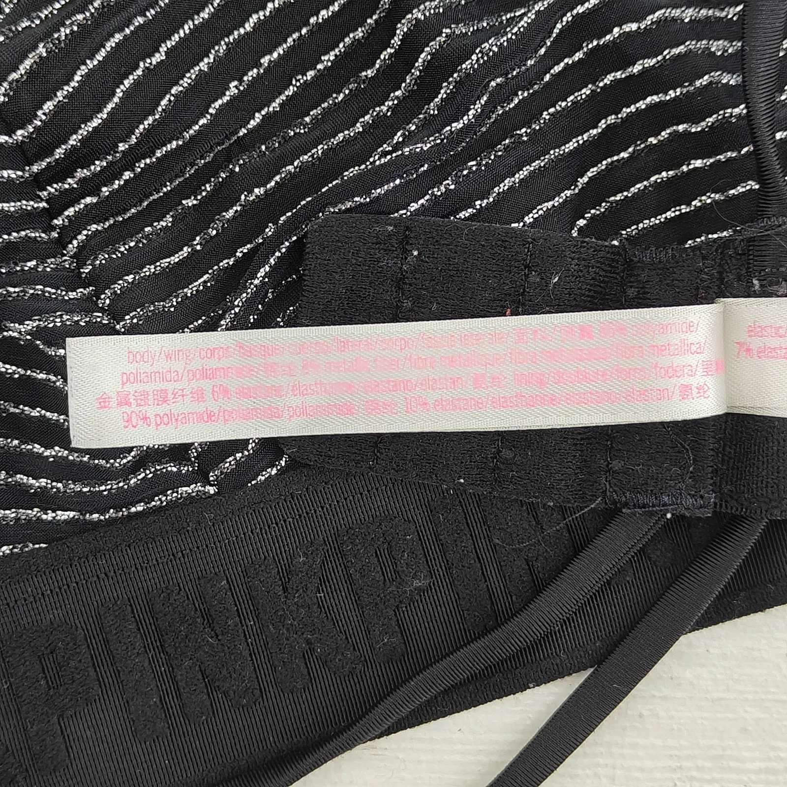Victoria Secret Pink Women’s Black Glitter Striped Unlined Wireless Bra Large - Image 4