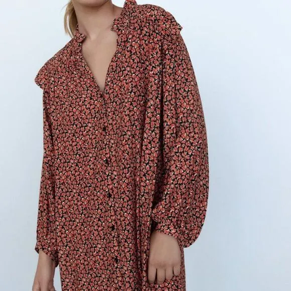 NEW Zara Red Floral Printed Button Ruffle Shoulder Long‎ Sleeve Mini Dress SZ XS - Image 3