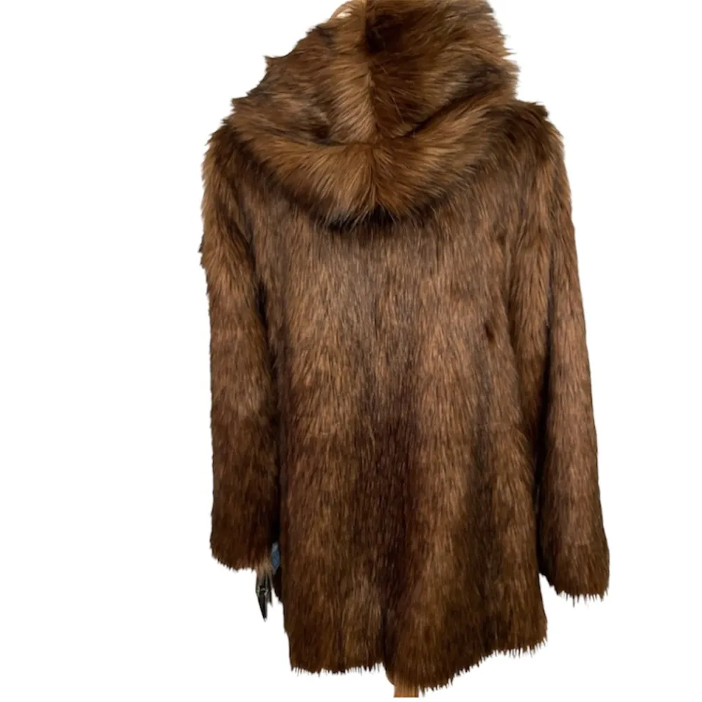 Fabulous Faux Fur Mid Length Coat by Pamela McCoy NWT Brown Size M - Image 3