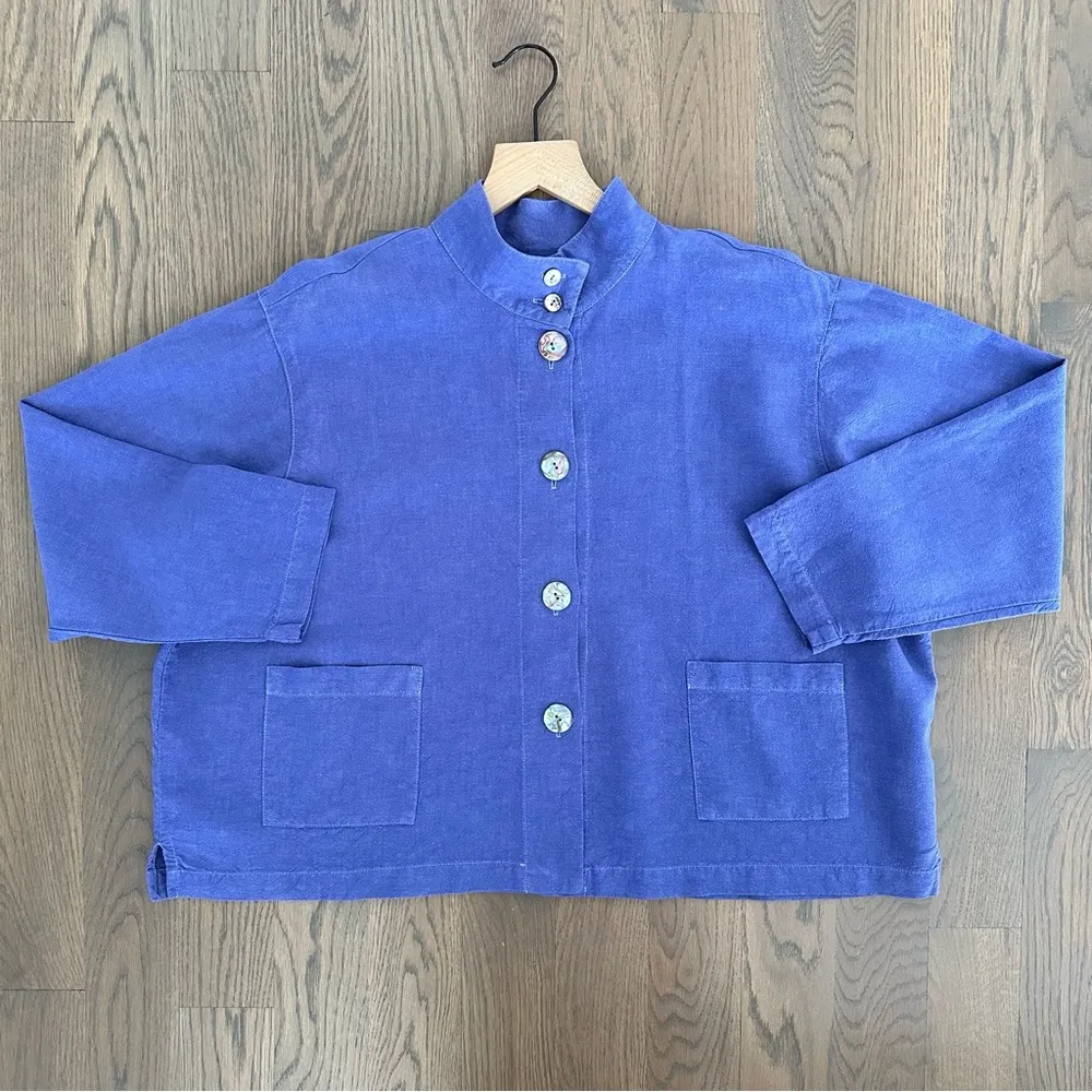 Vintage 90s Linen Blend Chore Coat Boxy Swing Jacket in Dusty Purple Size Large - Image 4
