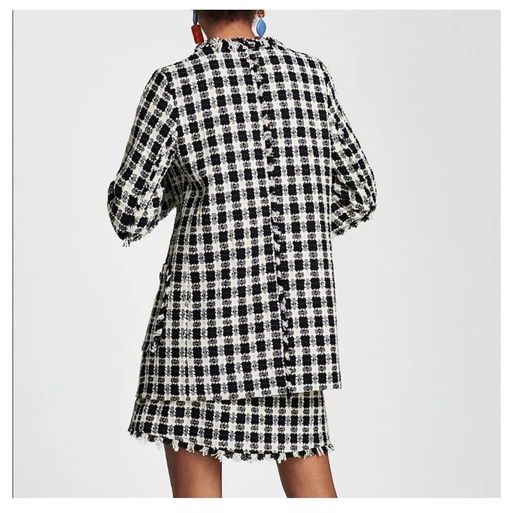 Zara Black White Tweed Checkered Gingham Fringe Blazer Jacket Size Small - Image 2