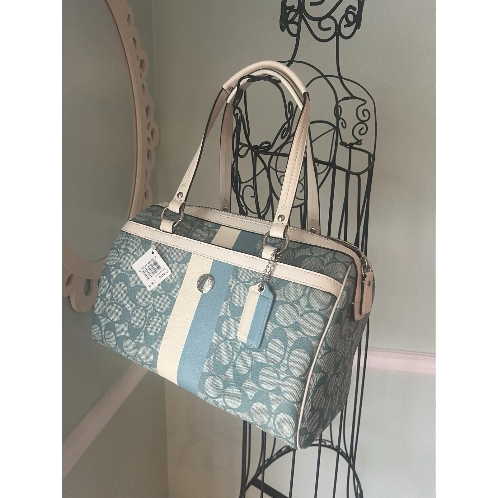 Coach Signature C Monogram Canvas Leather Trim Boston Bag Teal Cream Blue - Image 4