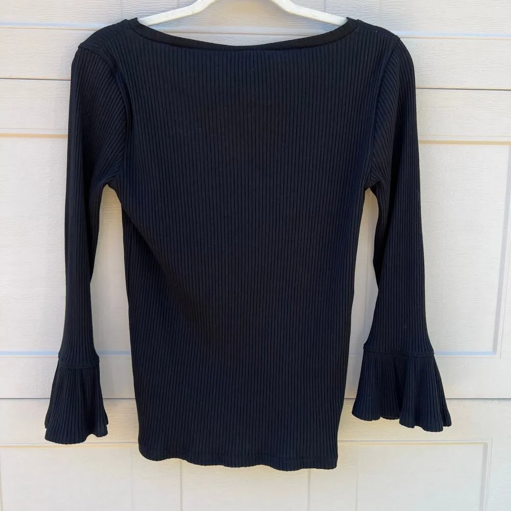NWT J.Crew Cotton Blend Scoop Neck Bell Sleeve Ribbed Sweater Black Size Small - Image 4