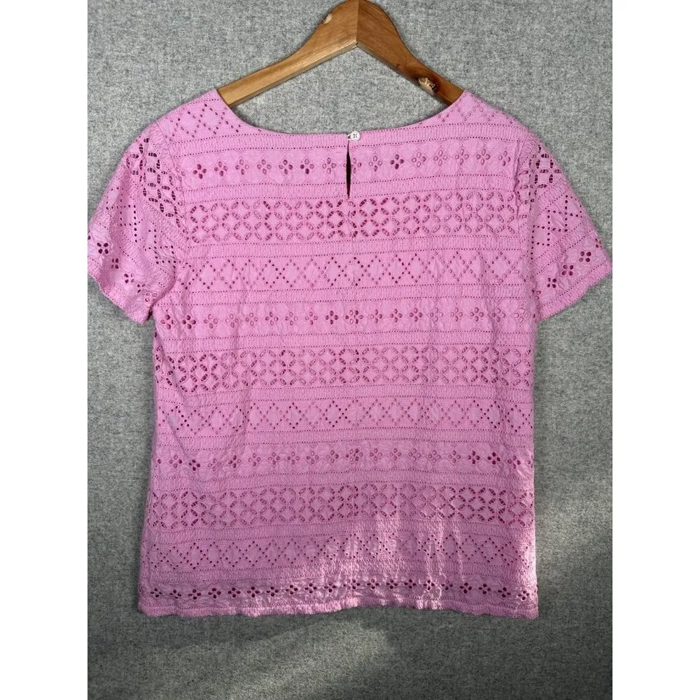 J. Crew Size 8 Womens Top Pink Lace Style Boho Short Sleeve Blouse Round Neck - Image 15